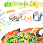 close-up image of a Vietnamese Ca Nuong Da Don recipe fine art print in watercolor featuring the ingredients and the finished dish, along with handwritten instructions in English.
