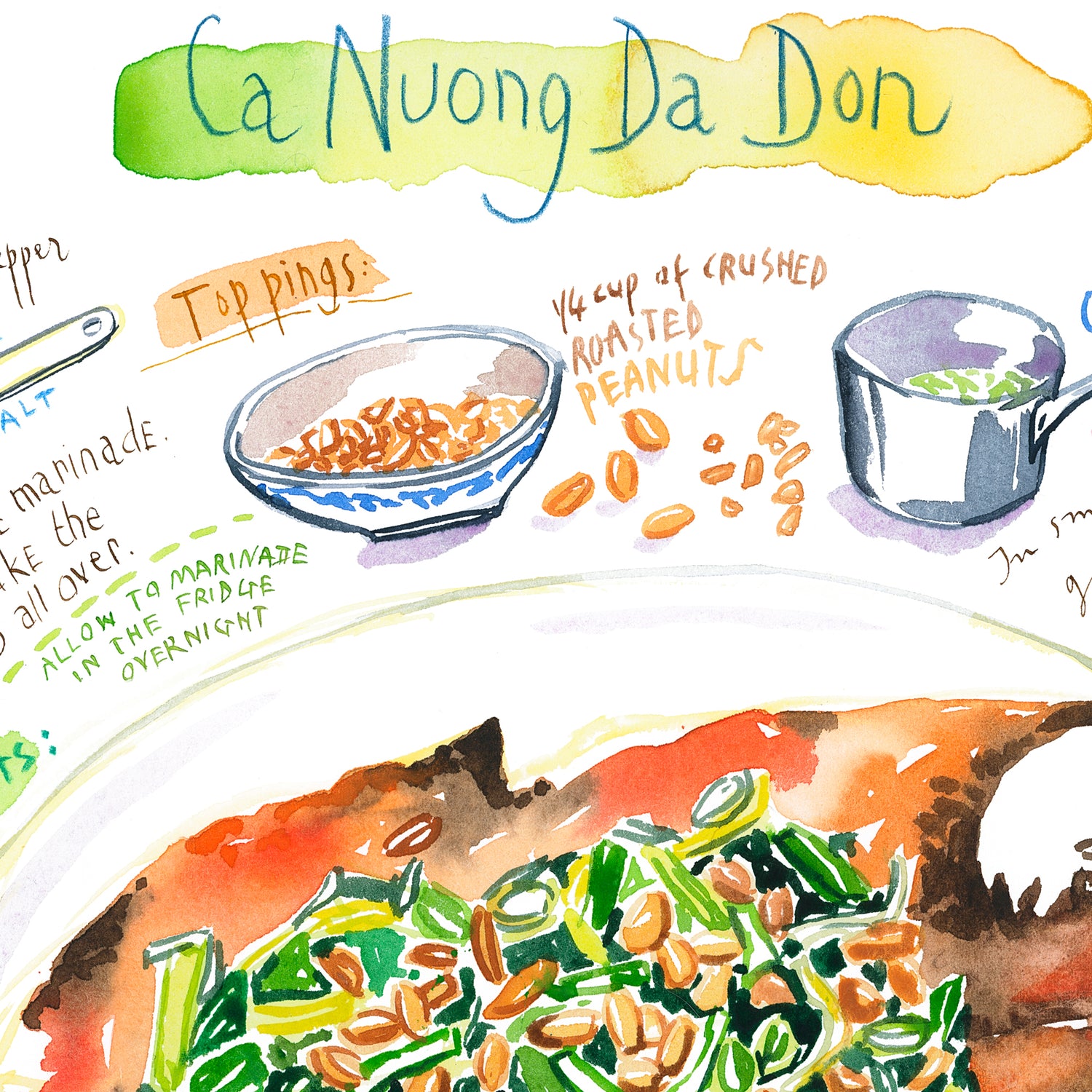 close-up image of a Vietnamese Ca Nuong Da Don recipe fine art print in watercolor featuring the ingredients and the finished dish, along with handwritten instructions in English.