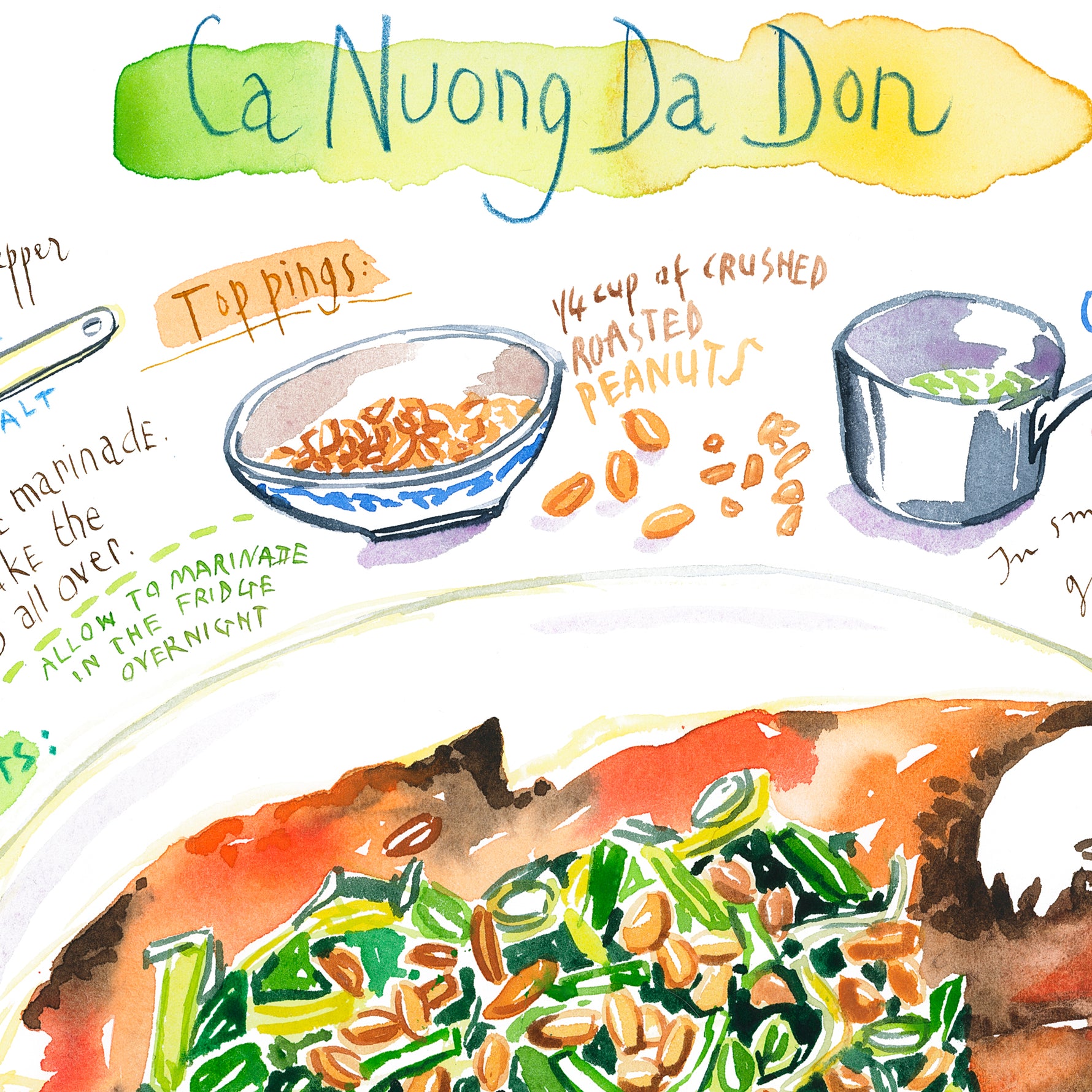 close-up image of a Vietnamese Ca Nuong Da Don recipe fine art print in watercolor featuring the ingredients and the finished dish, along with handwritten instructions in English.