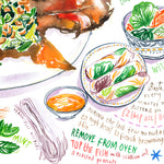 close-up image of a Vietnamese Ca Nuong Da Don recipe fine art print in watercolor featuring the ingredients and the finished dish, along with handwritten instructions in English.