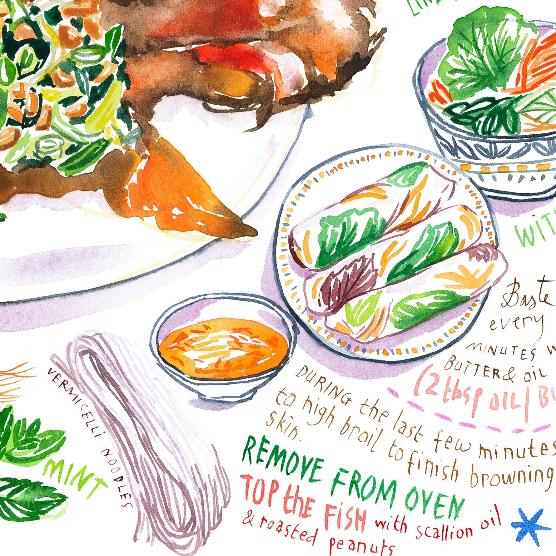 close-up image of a Vietnamese Ca Nuong Da Don recipe fine art print in watercolor featuring the ingredients and the finished dish, along with handwritten instructions in English.