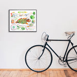 ca-nuong-da-don-recipe-print in watercolor featuring the ingredients and the finished dish, along with handwritten instructions in English. The horizontal framed poster hanging in a home decor.