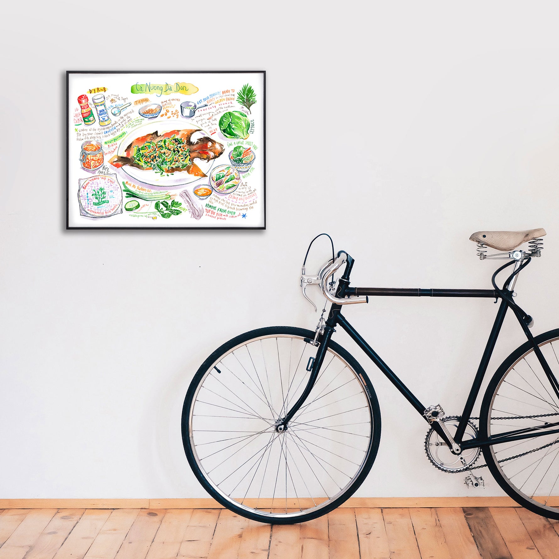 ca-nuong-da-don-recipe-print in watercolor featuring the ingredients and the finished dish, along with handwritten instructions in English. The horizontal framed poster hanging in a home decor.