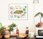 ca-nuong-da-don-recipe-print in watercolor featuring the ingredients and the finished dish, along with handwritten instructions in English. The horizontal framed poster hanging in a kitchen.