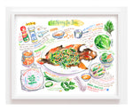 Vietnamese Ca Nuong Da Don recipe fine art print in watercolor featuring the ingredients and the finished dish, along with handwritten instructions in English. Landscape / Horizontal