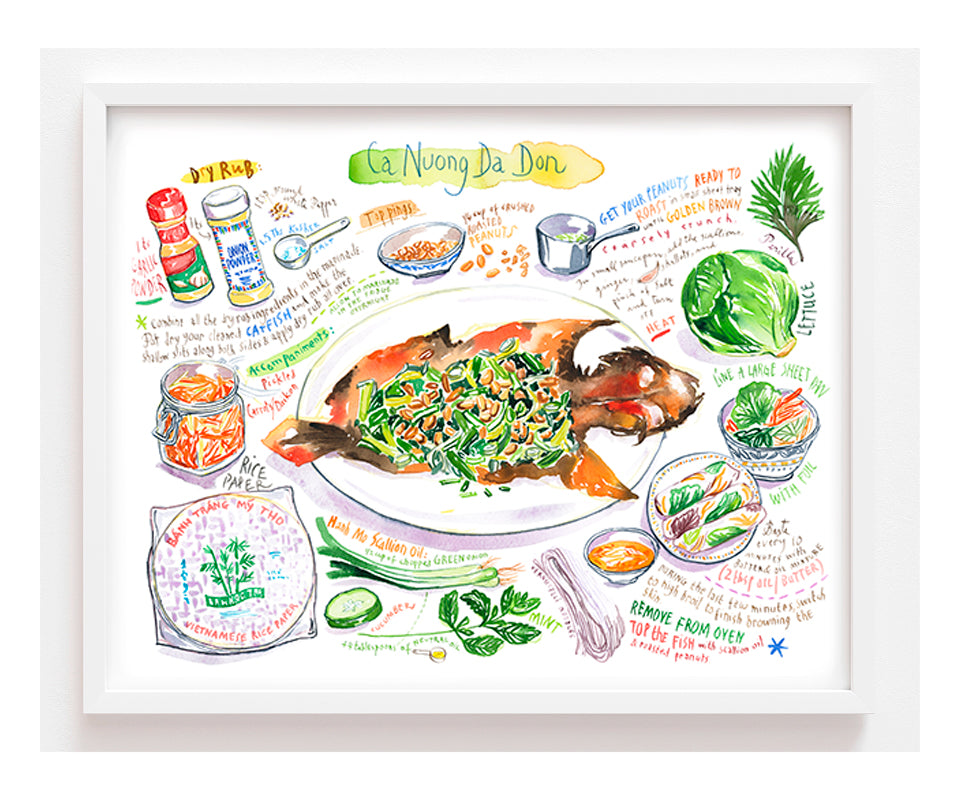 Vietnamese Ca Nuong Da Don recipe fine art print in watercolor featuring the ingredients and the finished dish, along with handwritten instructions in English. Landscape / Horizontal