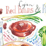 close-up of a cajun red beans and rice recipe fine art print in watercolor featuring the ingredients and the finished dish, along with handwritten instructions in English.
