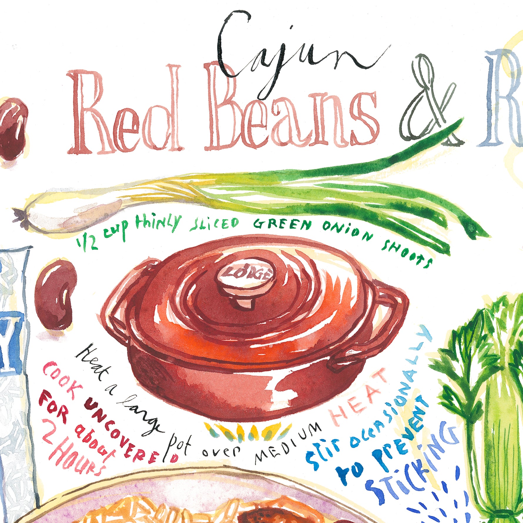 close-up of a cajun red beans and rice recipe fine art print in watercolor featuring the ingredients and the finished dish, along with handwritten instructions in English.