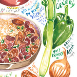 close-up of a cajun red beans and rice recipe fine art print in watercolor featuring the ingredients and the finished dish, along with handwritten instructions in English.