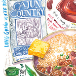 close-up of a cajun red beans and rice recipe fine art print in watercolor featuring the ingredients and the finished dish, along with handwritten instructions in English.