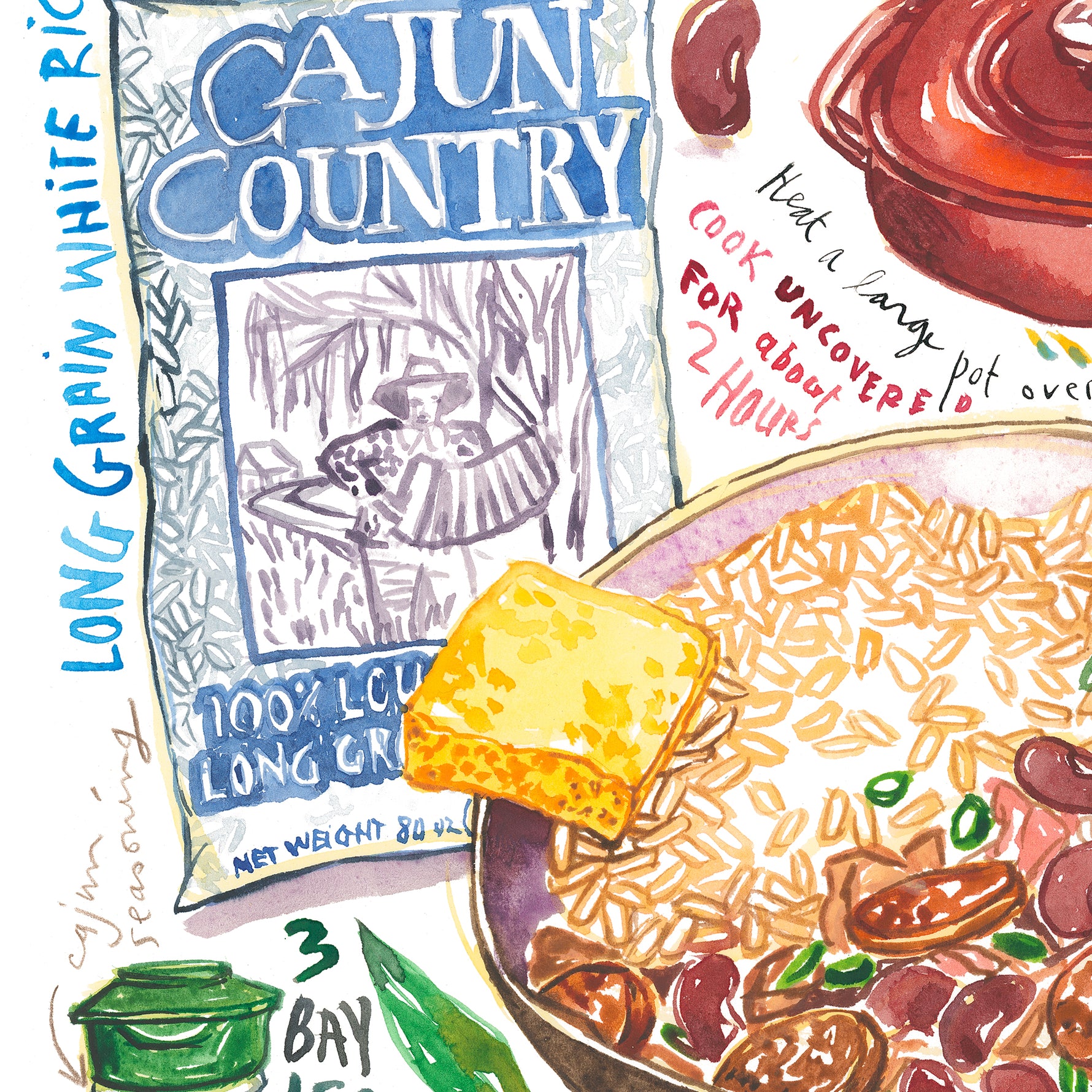close-up of a cajun red beans and rice recipe fine art print in watercolor featuring the ingredients and the finished dish, along with handwritten instructions in English.