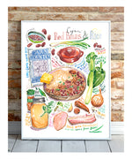 cajun red beans and rice recipe fine art print in watercolor featuring the ingredients and the finished dish, along with handwritten instructions in English.