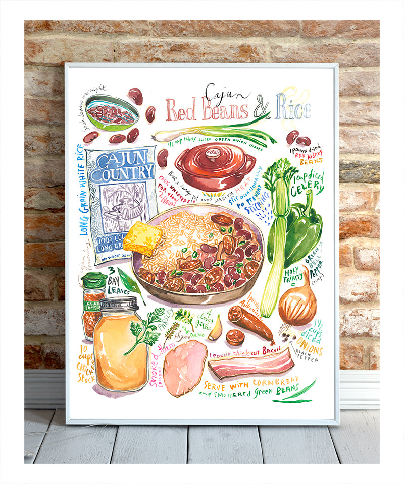 cajun red beans and rice recipe fine art print in watercolor featuring the ingredients and the finished dish, along with handwritten instructions in English.