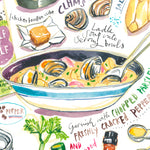 close-up image of a New Jersey vlam chowder recipe fine art print in watercolor featuring the ingredients and the finished dish, along with handwritten instructions in English.
