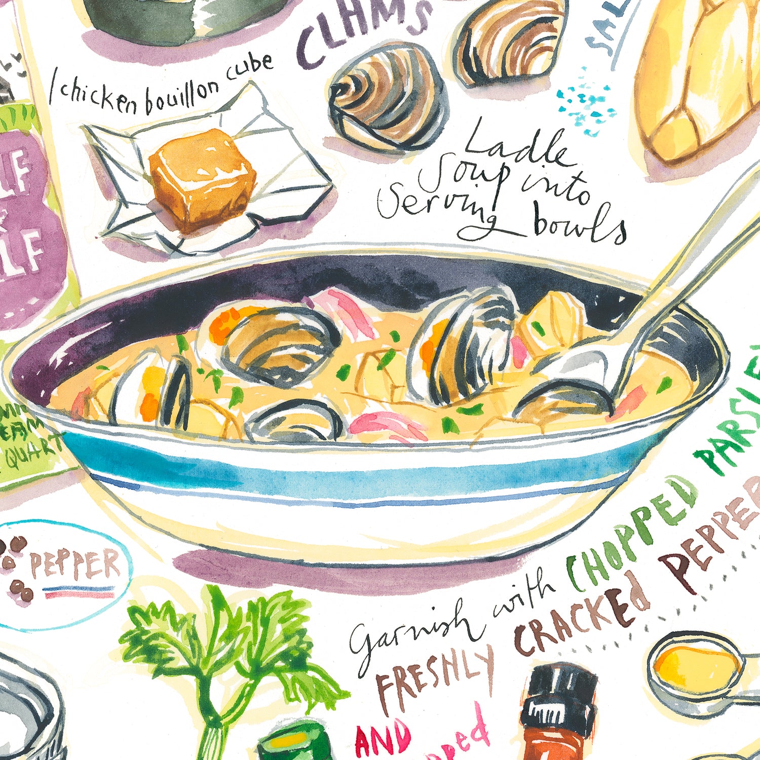 close-up image of a New Jersey vlam chowder recipe fine art print in watercolor featuring the ingredients and the finished dish, along with handwritten instructions in English.