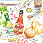 close-up image of a New Jersey vlam chowder recipe fine art print in watercolor featuring the ingredients and the finished dish, along with handwritten instructions in English.