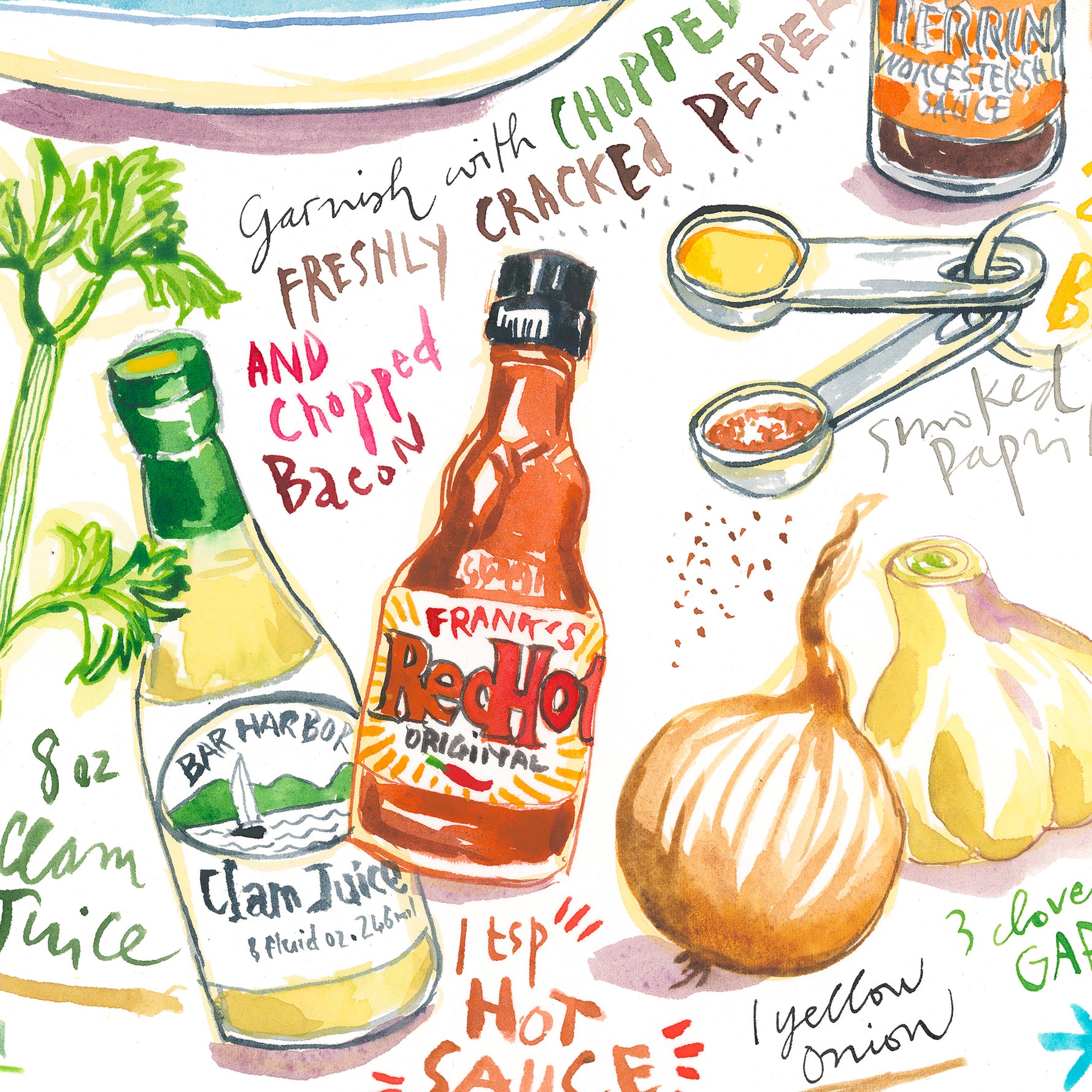 close-up image of a New Jersey vlam chowder recipe fine art print in watercolor featuring the ingredients and the finished dish, along with handwritten instructions in English.