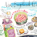 close-up image of a New Jersey vlam chowder recipe fine art print in watercolor featuring the ingredients and the finished dish, along with handwritten instructions in English.