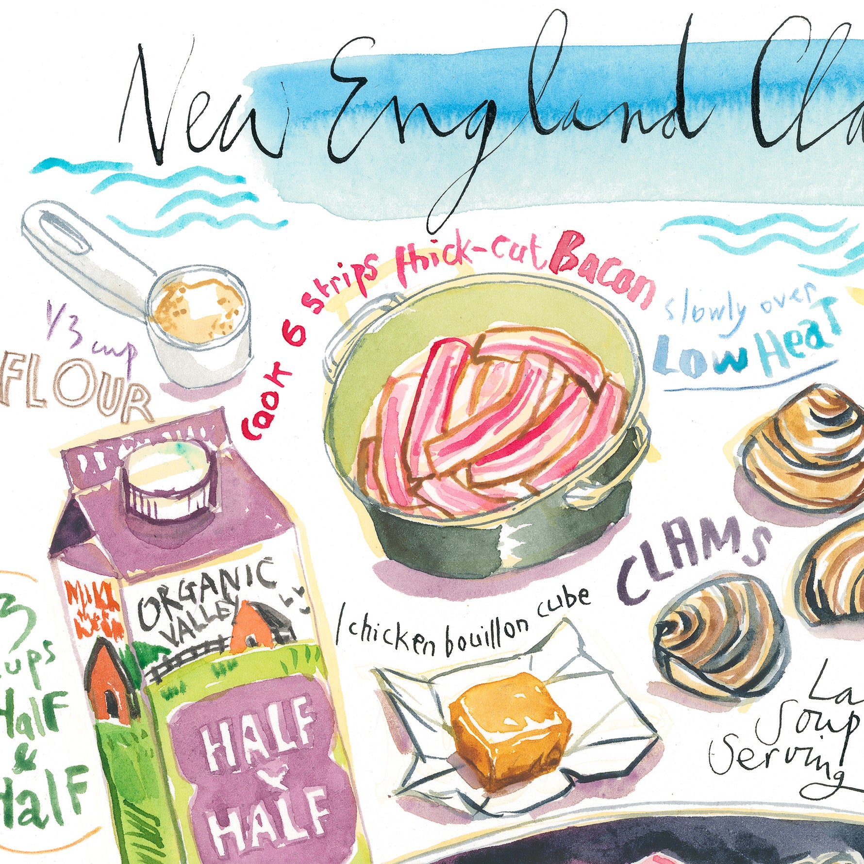 close-up image of a New Jersey vlam chowder recipe fine art print in watercolor featuring the ingredients and the finished dish, along with handwritten instructions in English.