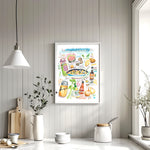 New England clam chowder recipe fine art print in watercolor featuring the ingredients and the finished dish, along with handwritten instructions in English. The framed poster hanging in a kitchen space.