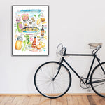 New England clam chowder recipe fine art print in watercolor featuring the ingredients and the finished dish, along with handwritten instructions in English. The framed poster hanging in a home space.
