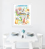New England clam chowder recipe fine art print in watercolor featuring the ingredients and the finished dish, along with handwritten instructions in English. The framed poster hanging in a dining space.