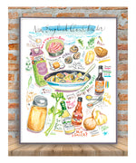 New England clam chowder recipe fine art print in watercolor showing the ingredients and the dish as well as handwritten instructions in English.