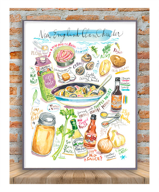 New England clam chowder recipe fine art print in watercolor showing the ingredients and the dish as well as handwritten instructions in English. 
