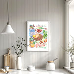 cajun red beans and rice recipe fine art print in watercolor featuring the ingredients and the finished dish, along with handwritten instructions in English. The framed poster hanging in a kitchen space.