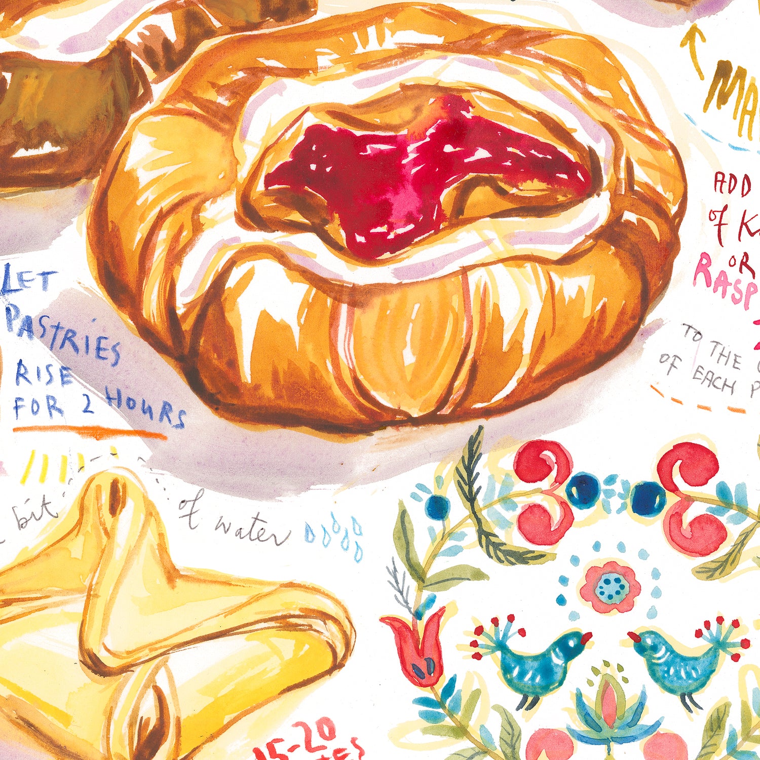 Watercolor illustration art print of a Spandauer (Danish pastry) recipe, showing the pastry with filling and handwritten recipe notes