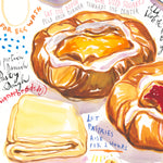 Watercolor illustration art print of a Spandauer (Danish pastry) recipe, showing the pastry with filling and handwritten recipe notes