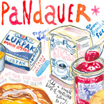 Watercolor illustration art print of a Spandauer (Danish pastry) recipe, showing the pastry with filling and handwritten recipe notes