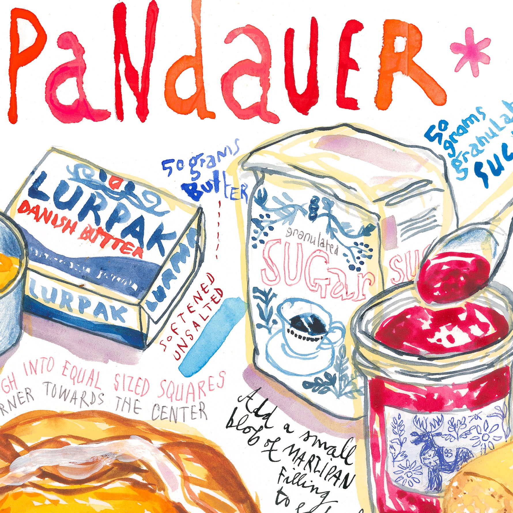 Watercolor illustration art print of a Spandauer (Danish pastry) recipe, showing the pastry with filling and handwritten recipe notes