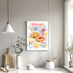 Watercolor illustration art print of a Spandauer (Danish pastry) recipe, showing the pastry with filling and handwritten recipe notes