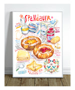 Watercolor illustration art print of a Spandauer (Danish pastry) recipe, showing the pastry with filling and handwritten recipe notes
