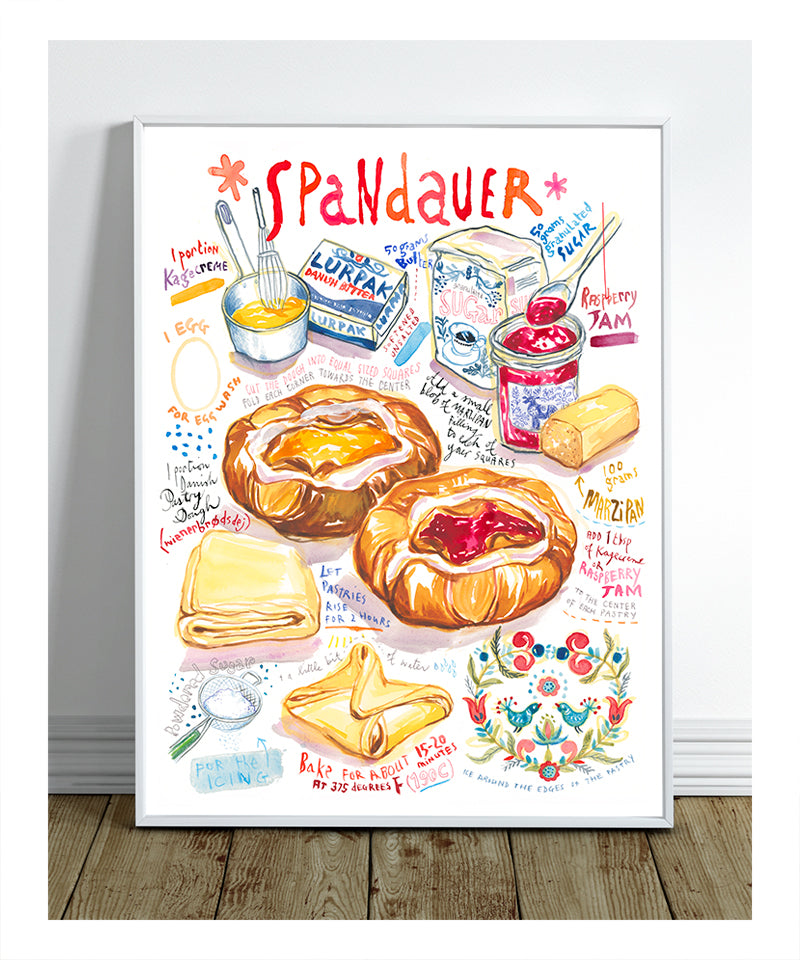 Watercolor illustration art print of a Spandauer (Danish pastry) recipe, showing the pastry with filling and handwritten recipe notes