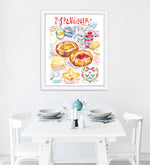 Watercolor illustration art print of a Spandauer (Danish pastry) recipe, showing the pastry with filling and handwritten recipe notes