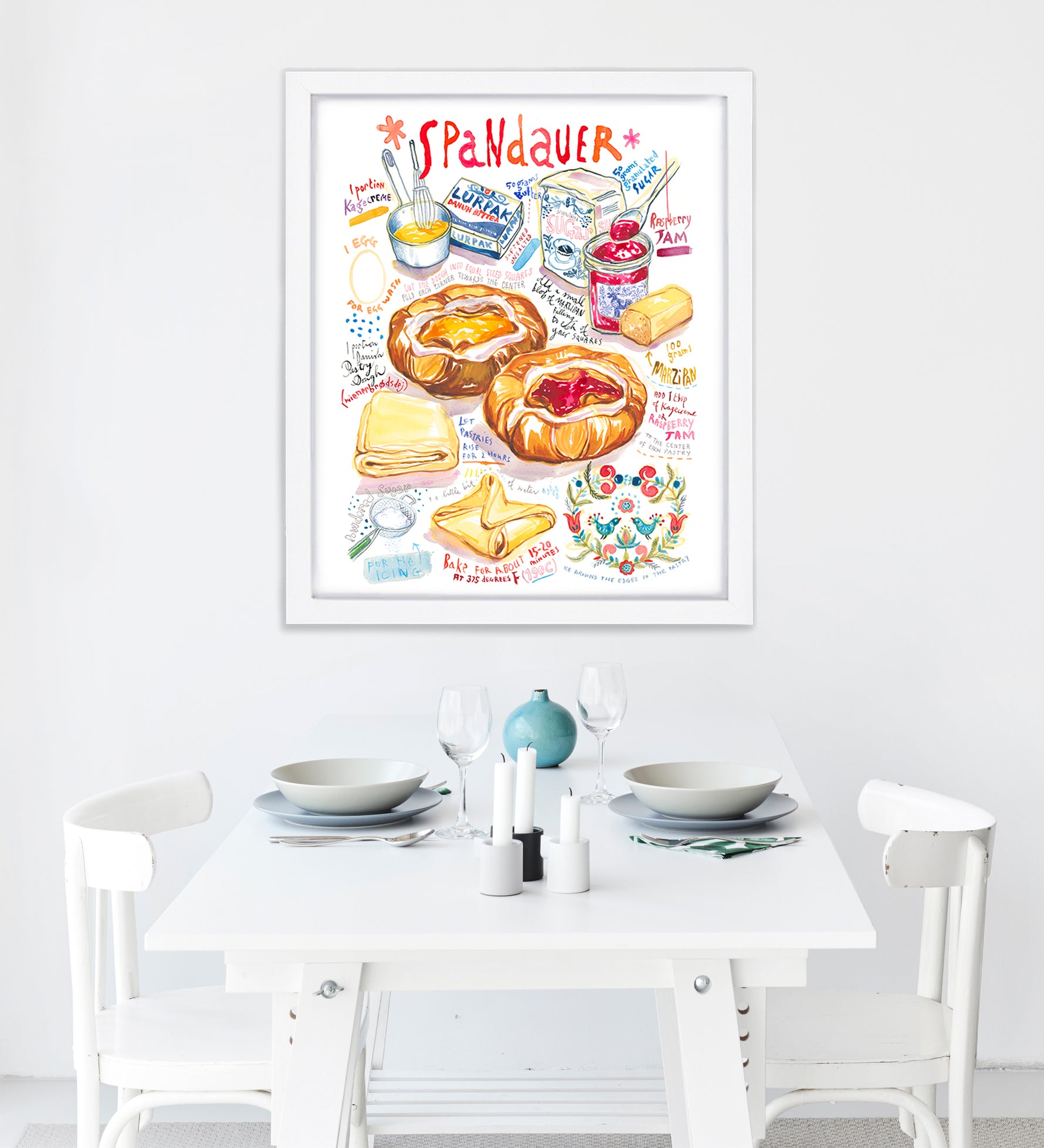 Watercolor illustration art print of a Spandauer (Danish pastry) recipe, showing the pastry with filling and handwritten recipe notes