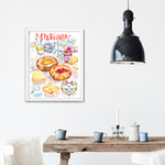 Watercolor illustration art print of a Spandauer (Danish pastry) recipe, showing the pastry with filling and handwritten recipe notes