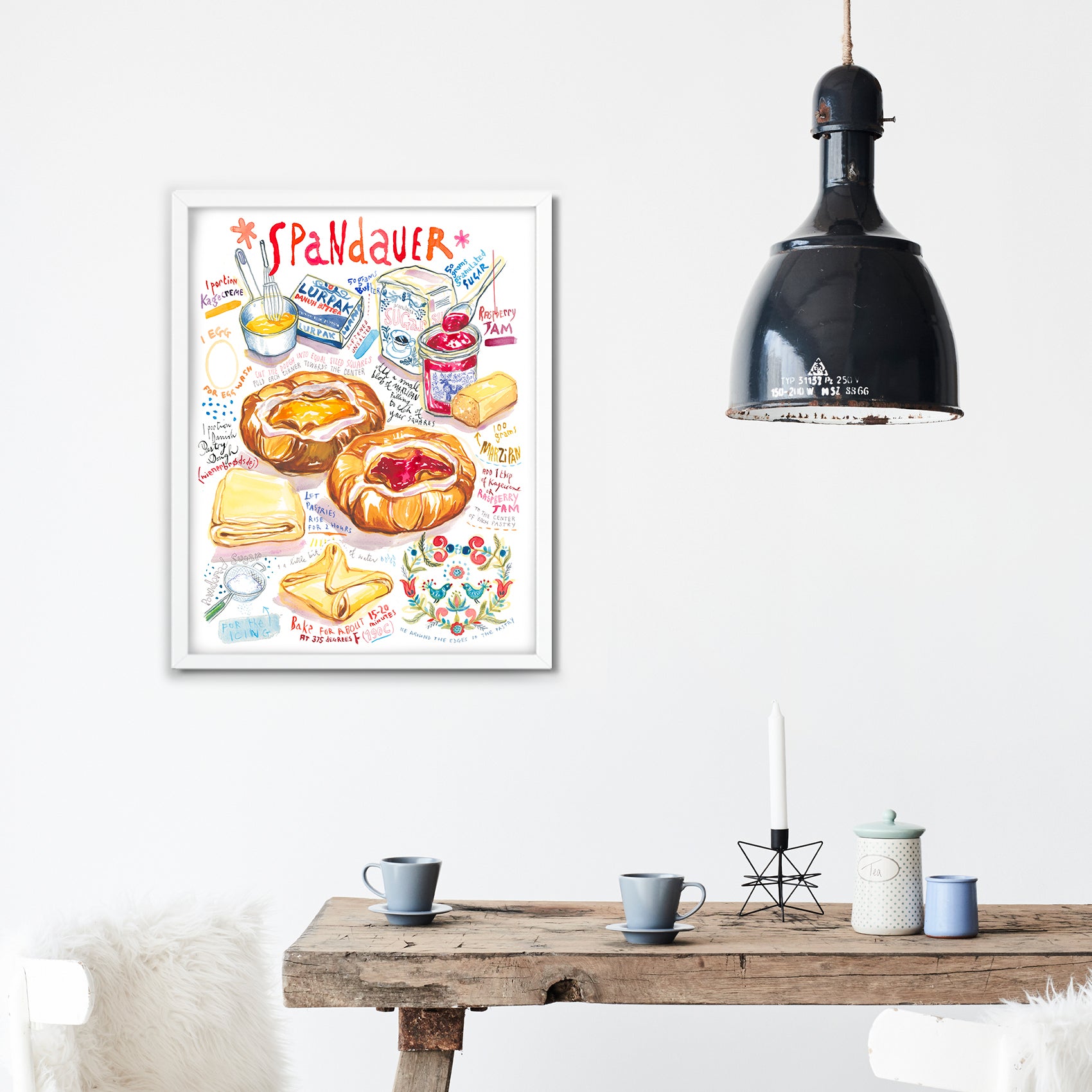 Watercolor illustration art print of a Spandauer (Danish pastry) recipe, showing the pastry with filling and handwritten recipe notes