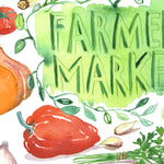 close-up of a hand painted watercolor print featuring many fresh vegetables and " Framers Market " is hand written in the center of the painting