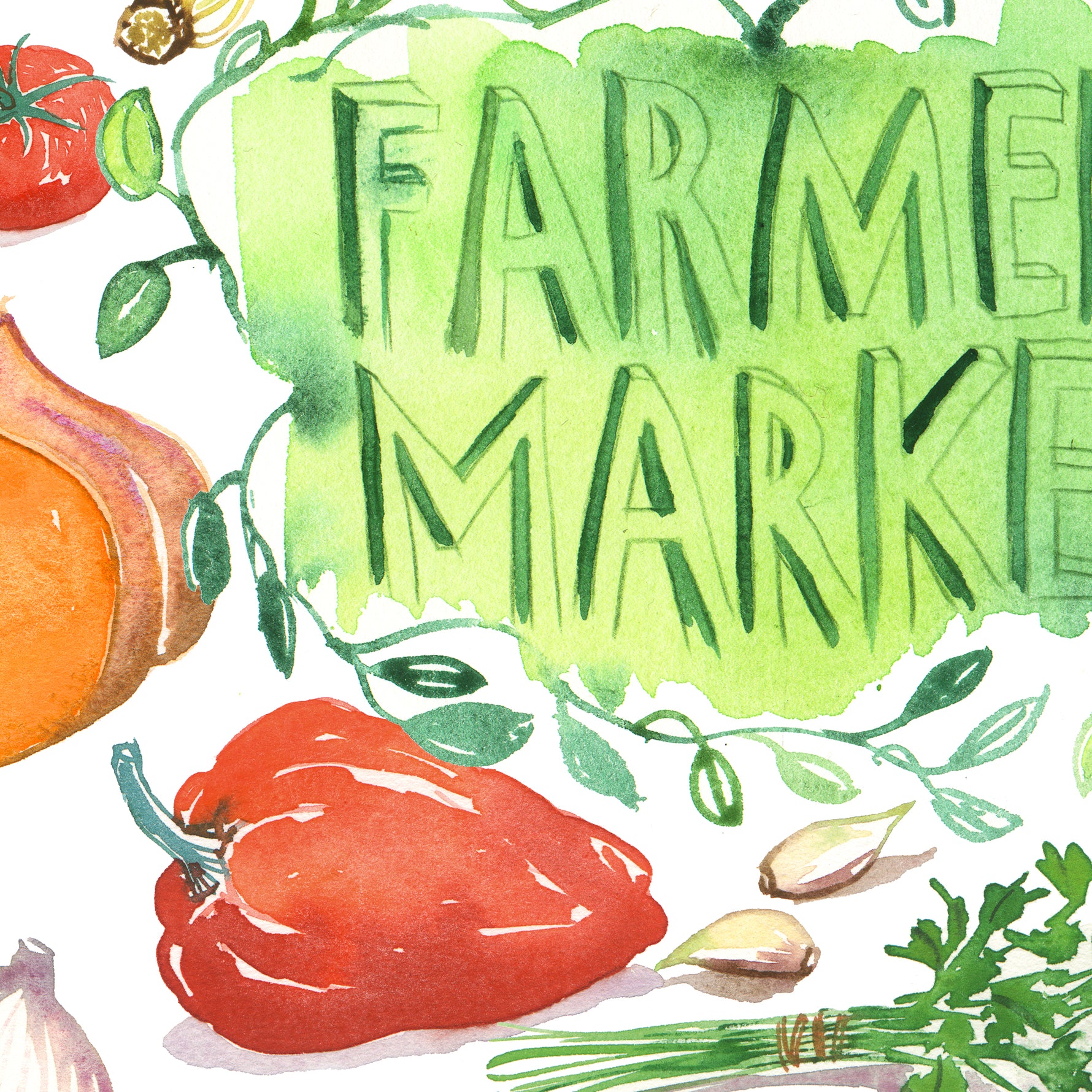 close-up of a hand painted watercolor print featuring many fresh vegetables and " Framers Market " is hand written in the center of the painting
