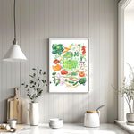 hand painted watercolor print featuring many fresh vegetables and " Framers Market " is hand written in the center of the painting. The print is framed in a kitchen space