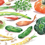 close-up of a hand painted watercolor print featuring many fresh vegetables and " Framers Market " is hand written in the center of the painting