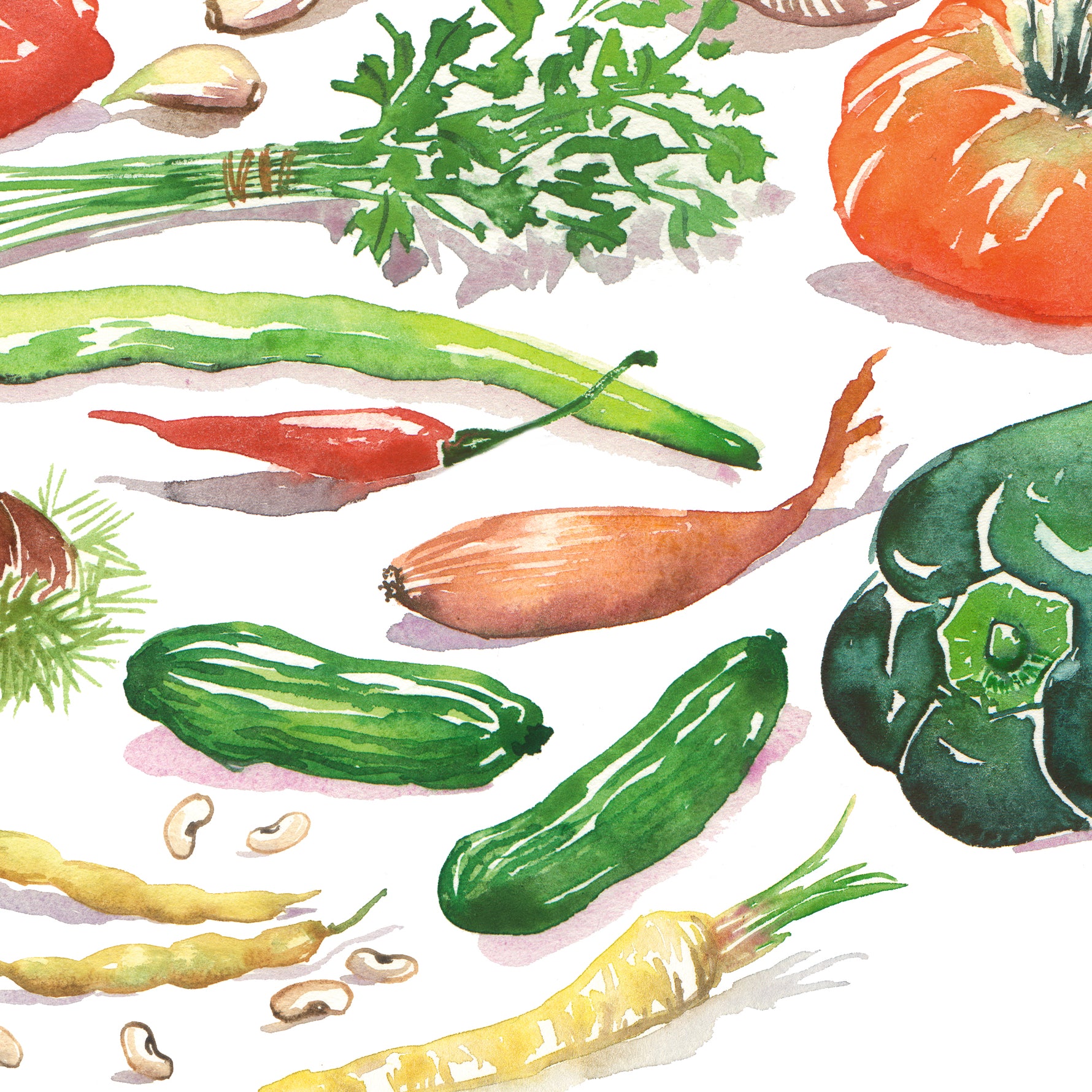 close-up of a hand painted watercolor print featuring many fresh vegetables and " Framers Market " is hand written in the center of the painting