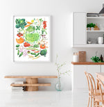 hand painted watercolor print featuring many fresh vegetables and " Framers Market " is hand written in the center of the painting. The print is framed in a dining space
