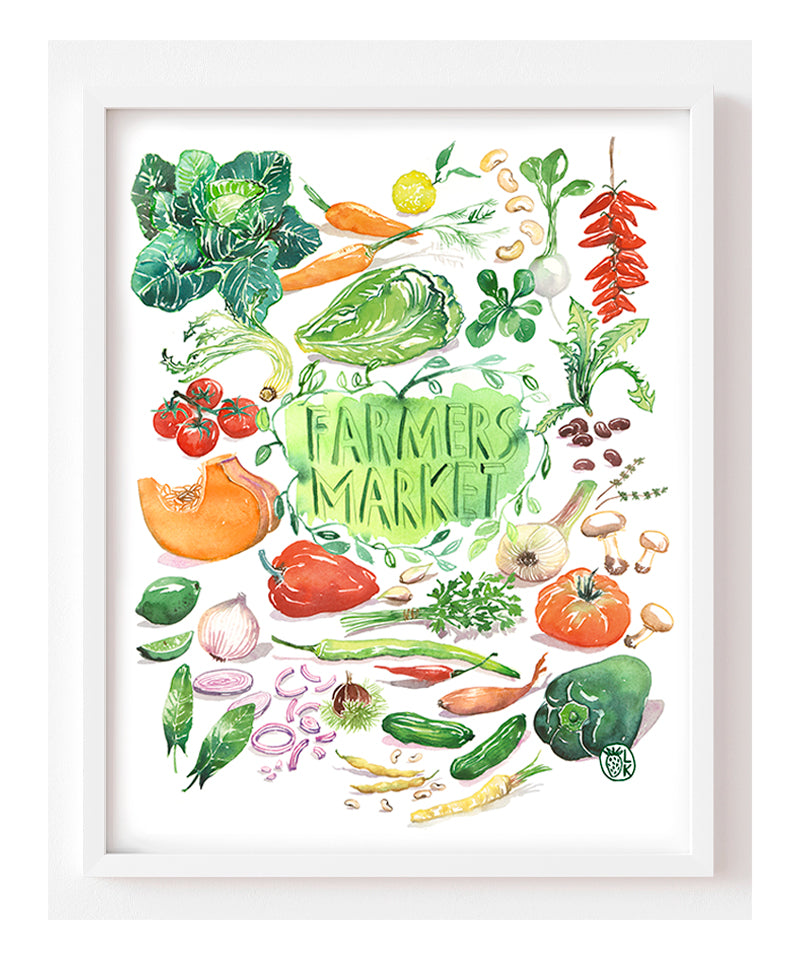 hand painted watercolor print featuring many fresh vegetables and " Framers Market " is hand written in the center of the painting