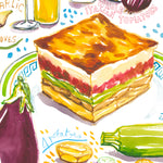 close-up image of a Greek moussaka recipe fine art print in watercolor featuring the ingredients and the finished dish, along with handwritten instructions in English