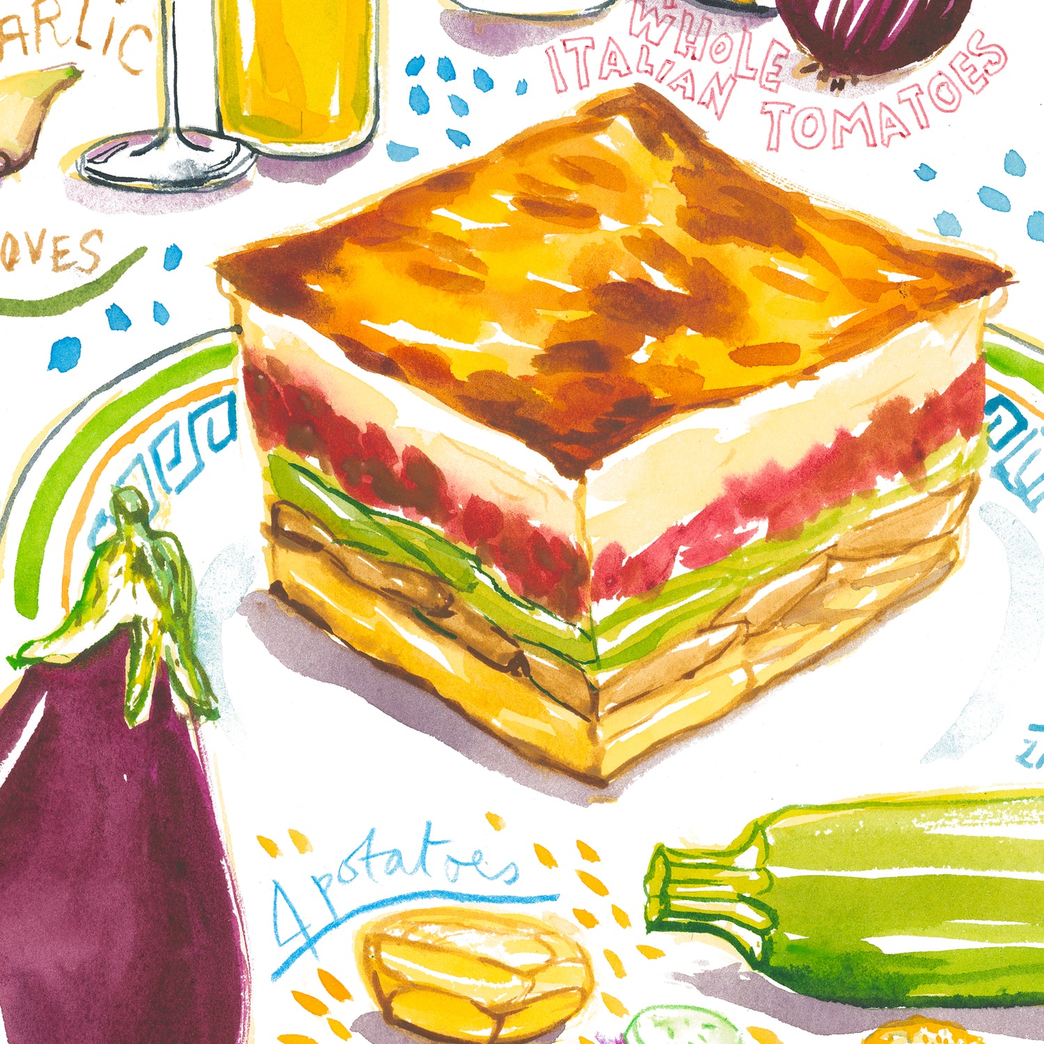 close-up image of a Greek moussaka recipe fine art print in watercolor featuring the ingredients and the finished dish, along with handwritten instructions in English