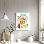 moussaka recipe fine art print in watercolor featuring the ingredients and the finished dish, along with handwritten instructions in English. The framed poster hanging in a dining space.